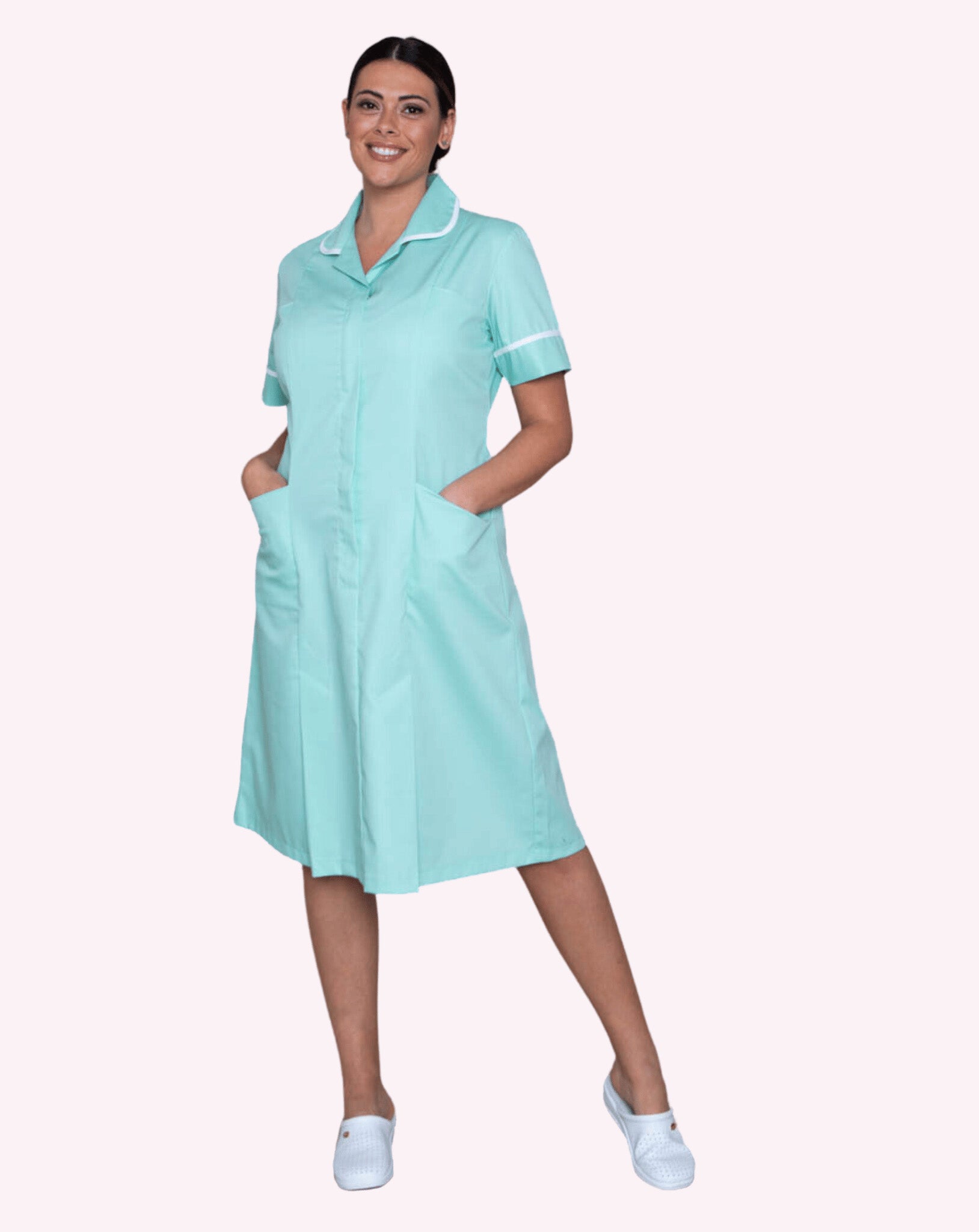 Halton Women's Classic Collar Healthcare Dress | Aqua & White