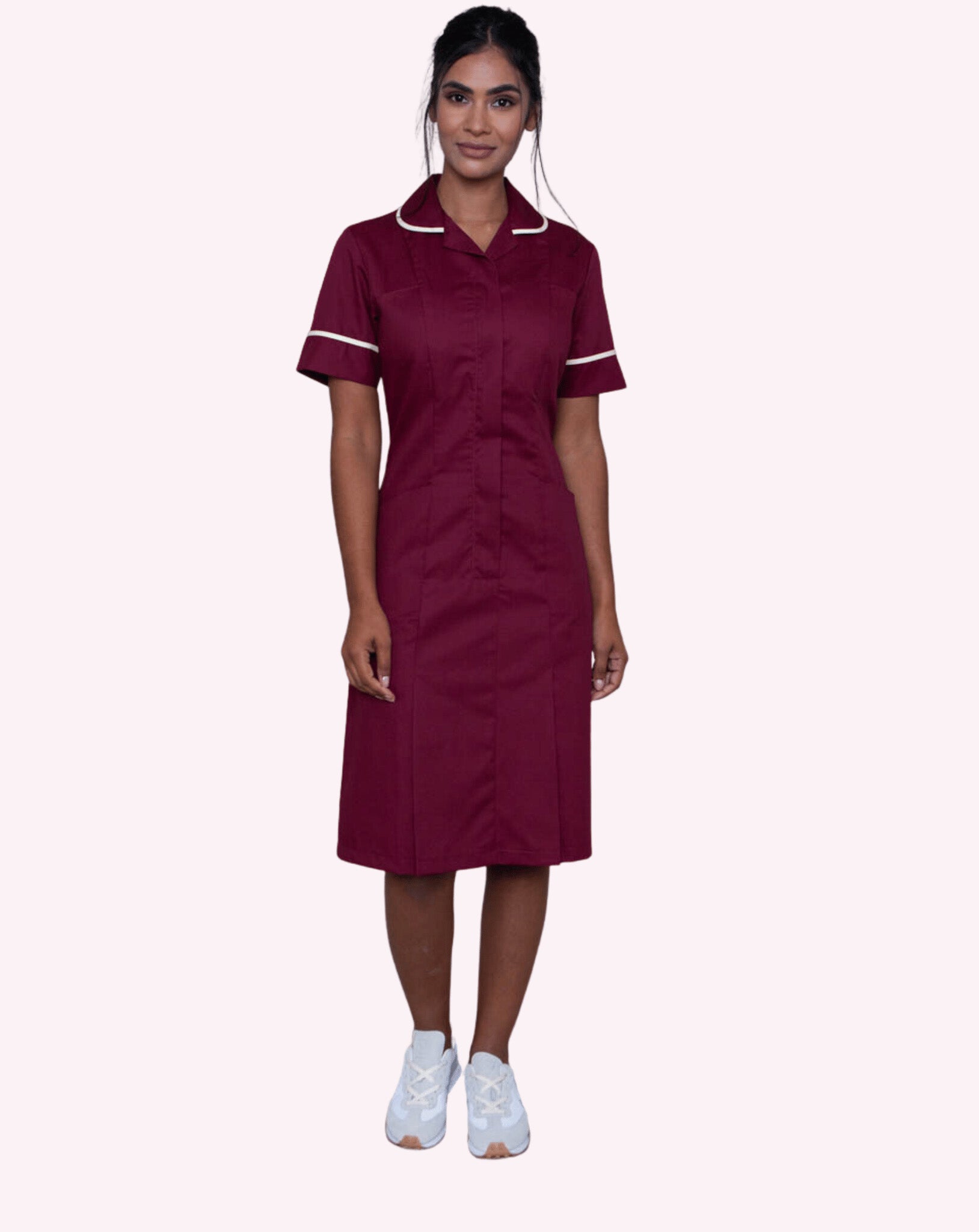 Halton Women's Classic Collar Healthcare Dress | Burgundy & White