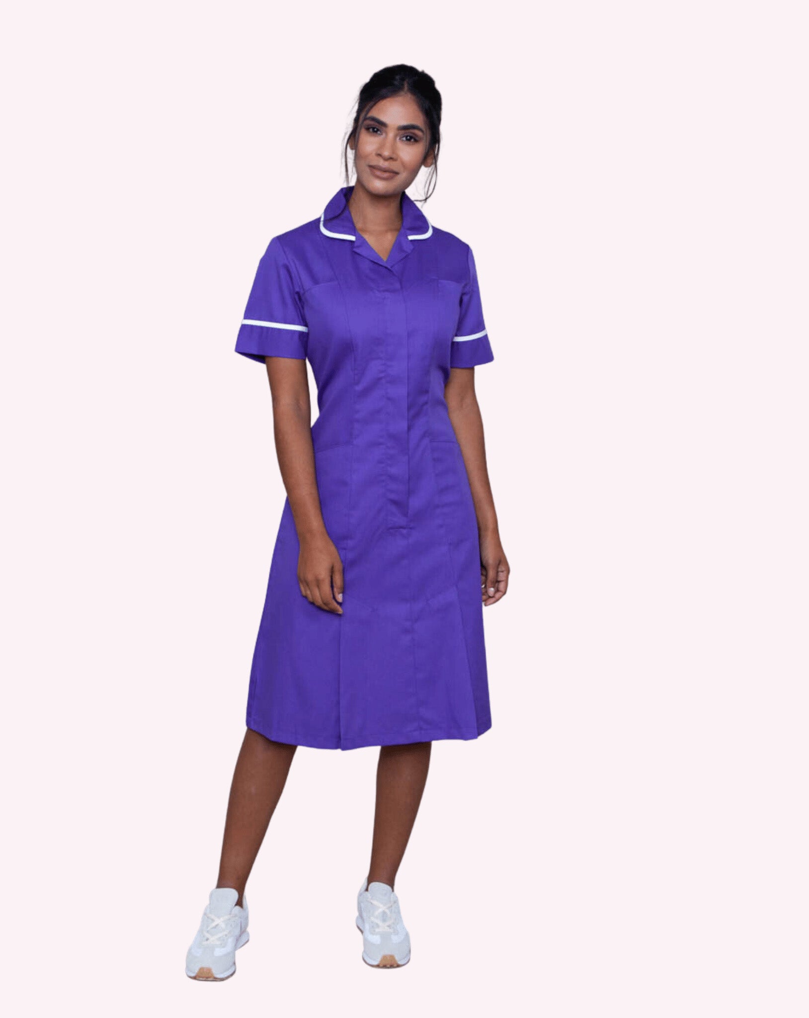 Halton Women's Classic Collar Healthcare Dress | Purple & White