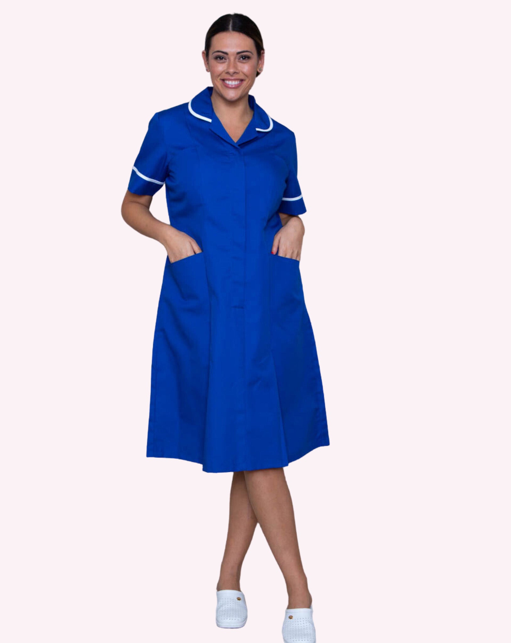 Halton Women's Classic Collar Healthcare Dress | Royal Blue & White