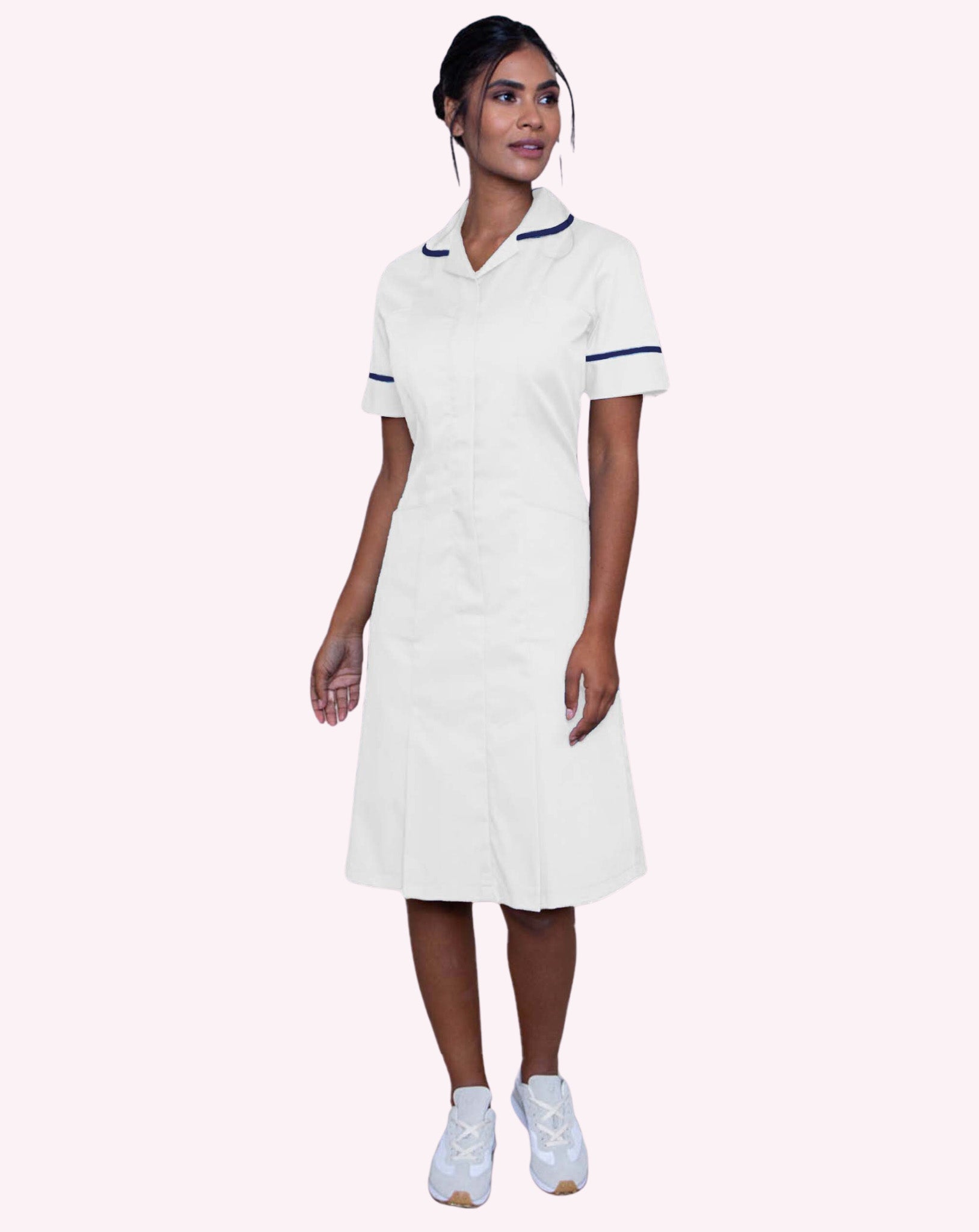 Halton Women's Classic Collar Healthcare Dress | White & Navy