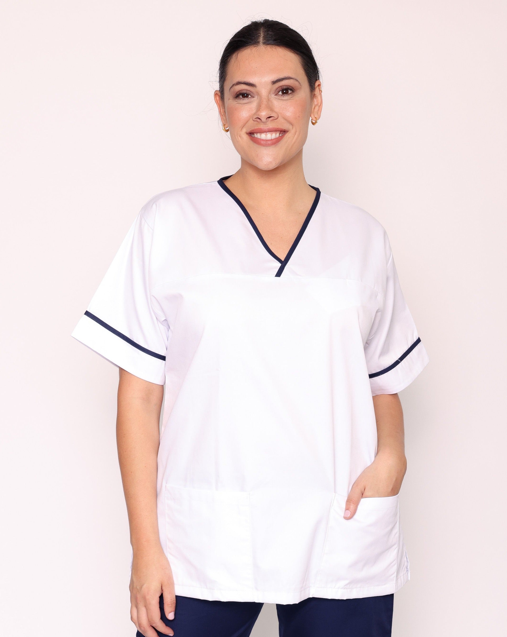 Casey Unisex Smart Scrub Tunic | White & Navy