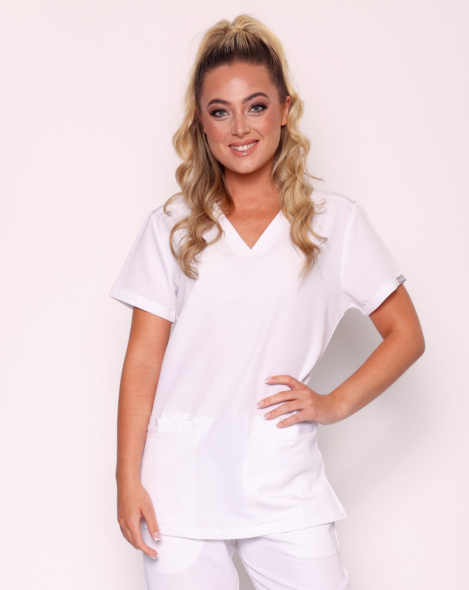 Ari Women's Long Length Scrub Top | White