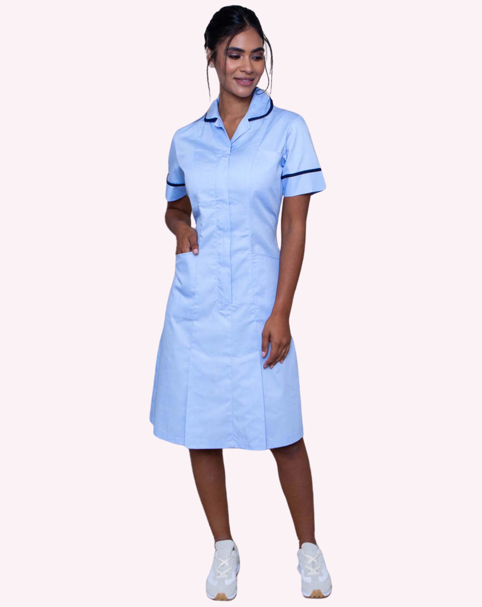 Halton Classic Collar Healthcare Dress - Pale Blue / Navy