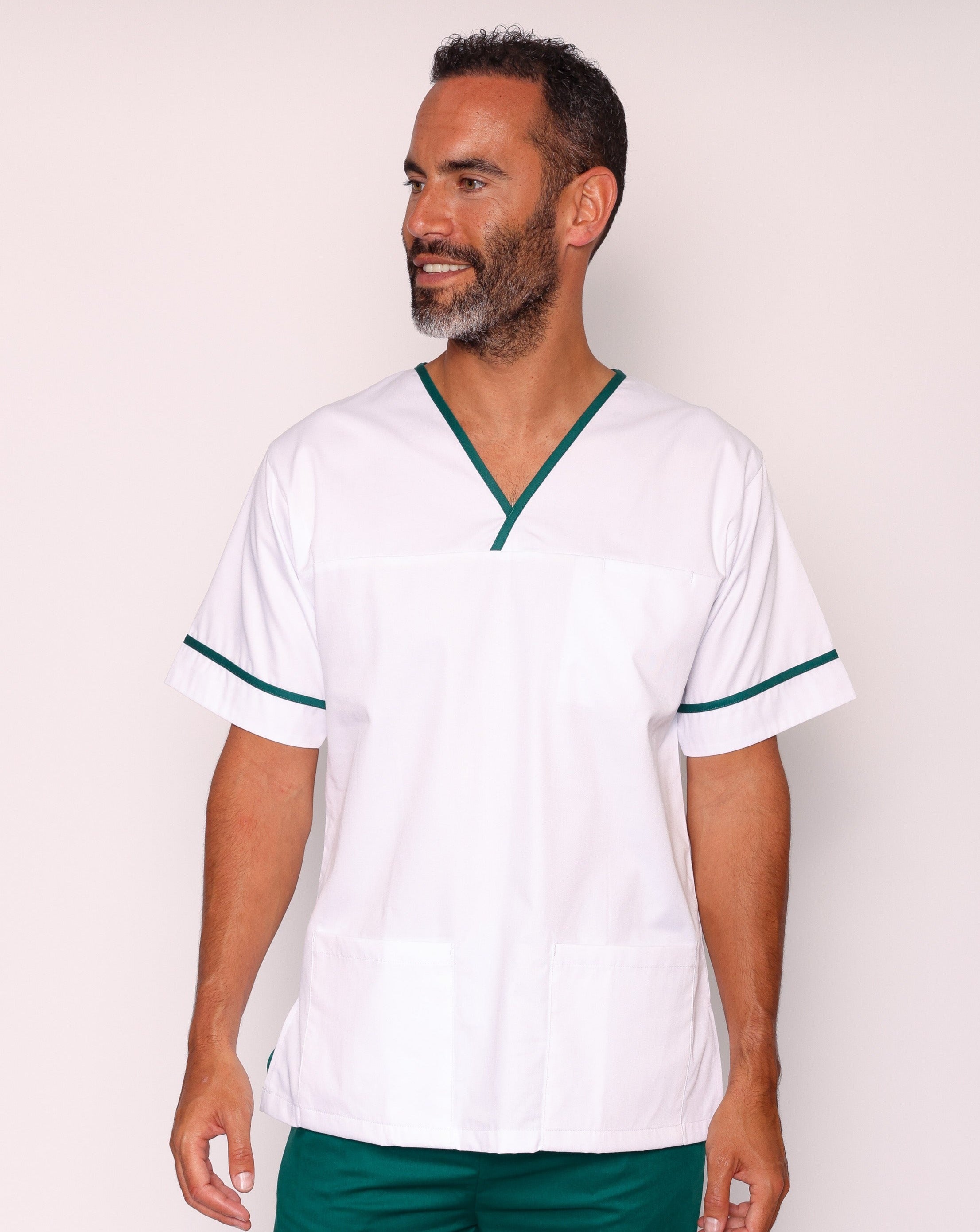 Casey Unisex Smart Scrub Tunic - White / Bottle Green