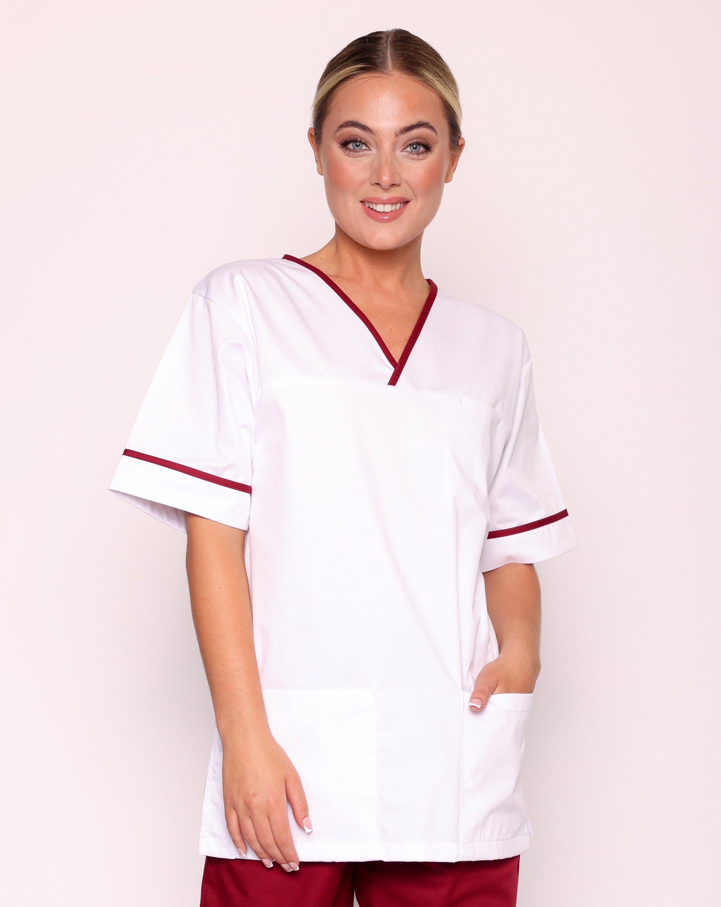 Casey Unisex Smart Scrub Tunic - White / Maroon