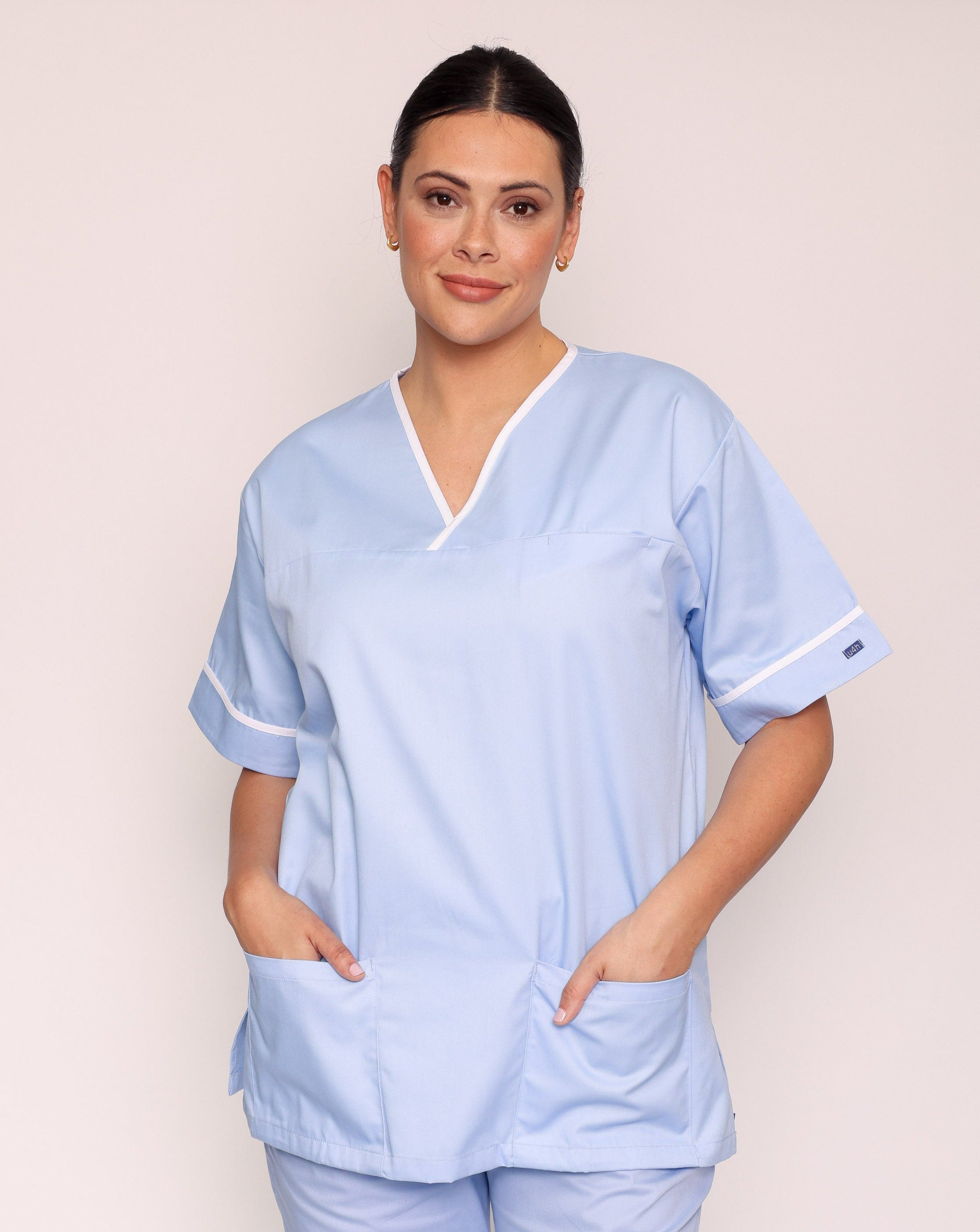 Casey Unisex Smart Scrub Tunic - Sky Blue / White