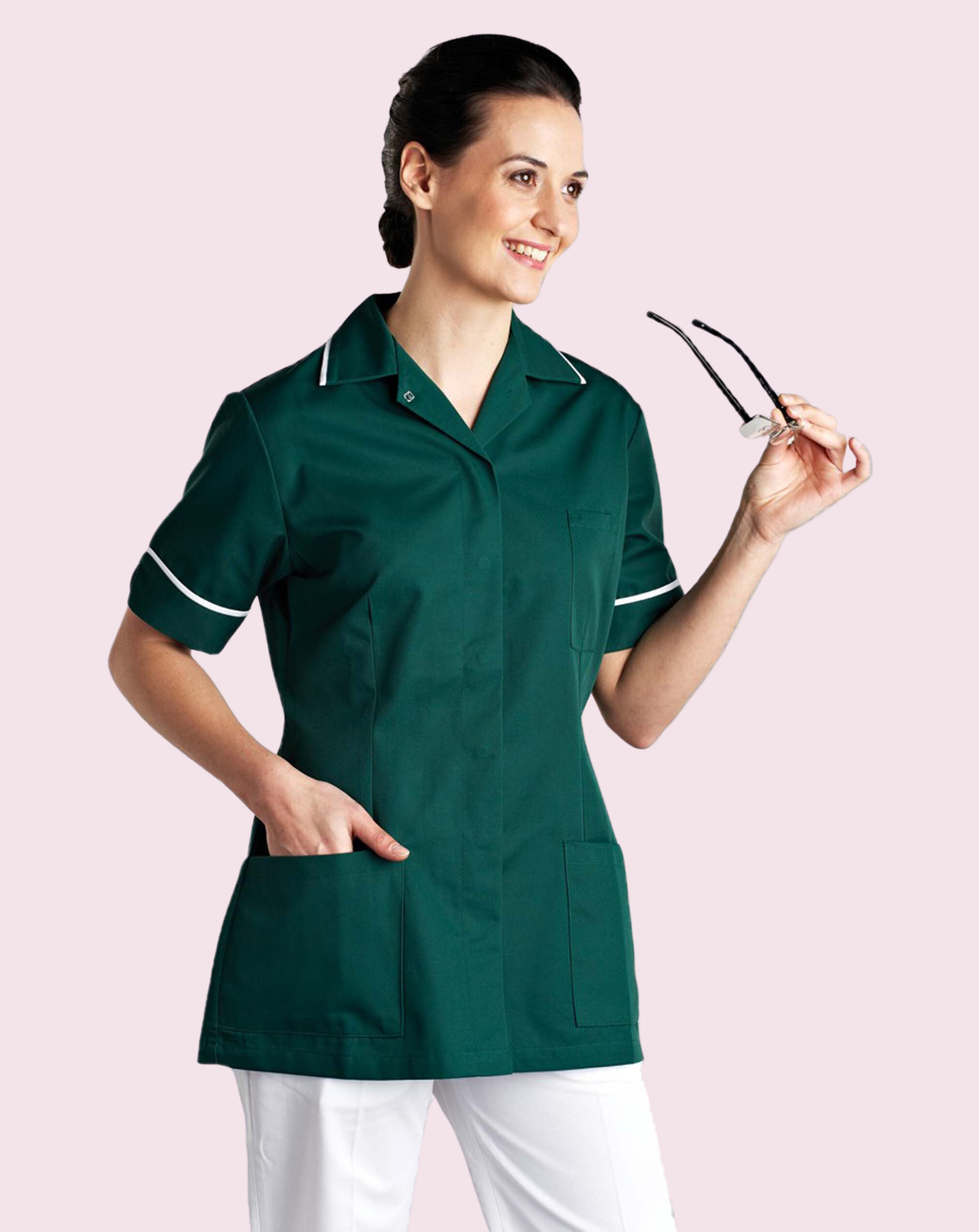 Claira Revere Collar Healthcare Tunic - Bottle Green / White